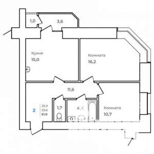 2-к квартира, строящийся дом, 62м2, 12/14 этаж