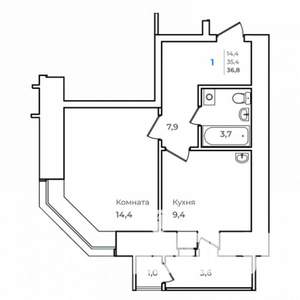 1-к квартира, строящийся дом, 37м2, 5/14 этаж