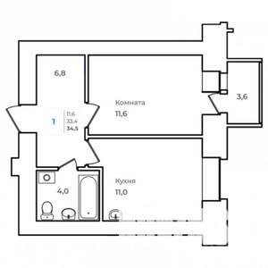 1-к квартира, строящийся дом, 35м2, 2/14 этаж