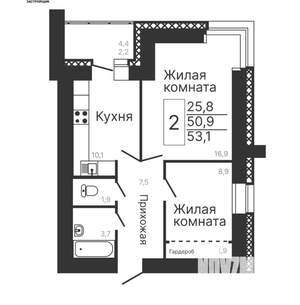 2-к квартира, вторичка, 53м2, 2/9 этаж
