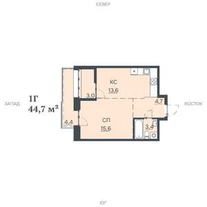 1-к квартира, строящийся дом, 45м2, 2/12 этаж