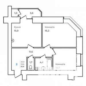 2-к квартира, строящийся дом, 62м2, 2/14 этаж