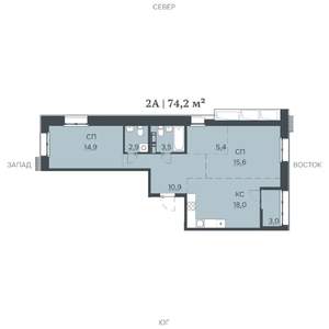2-к квартира, строящийся дом, 74м2, 6/12 этаж