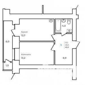 1-к квартира, строящийся дом, 42м2, 9/14 этаж