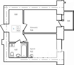 1-к квартира, строящийся дом, 35м2, 2/14 этаж
