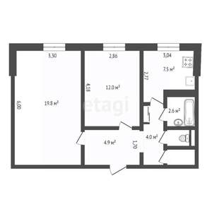 2-к квартира, вторичка, 53м2, 1/5 этаж