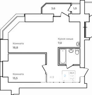 2-к квартира, строящийся дом, 55м2, 12/14 этаж