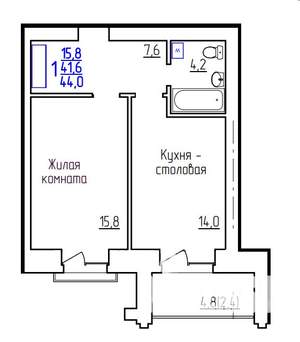 1-к квартира, вторичка, 44м2, 5/9 этаж