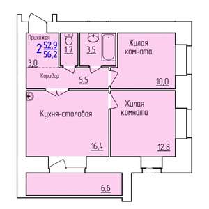 2-к квартира, вторичка, 57м2, 6/12 этаж