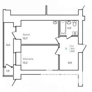 1-к квартира, строящийся дом, 42м2, 12/14 этаж
