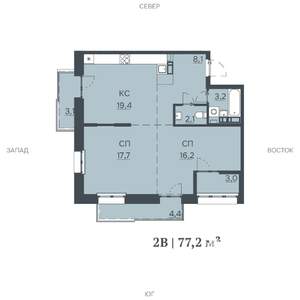2-к квартира, строящийся дом, 77м2, 3/12 этаж