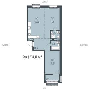 2-к квартира, строящийся дом, 74м2, 3/12 этаж