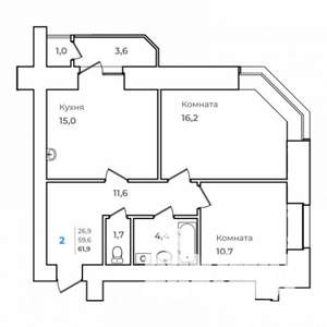 2-к квартира, строящийся дом, 62м2, 2/14 этаж
