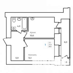 1-к квартира, строящийся дом, 37м2, 2/14 этаж