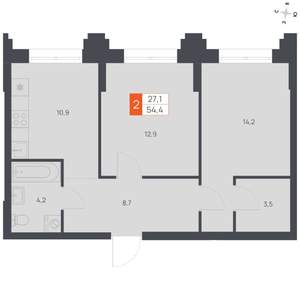 2-к квартира, вторичка, 54м2, 1/16 этаж