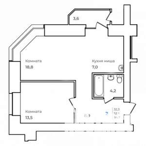 2-к квартира, строящийся дом, 55м2, 3/14 этаж