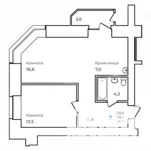 2-к квартира, строящийся дом, 55м2, 6/14 этаж