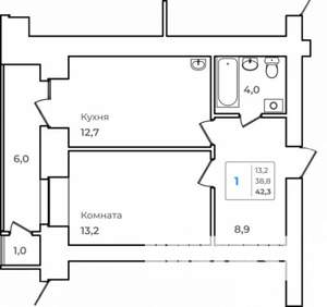 1-к квартира, строящийся дом, 42м2, 9/14 этаж