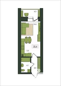 1-к квартира, строящийся дом, 30м2, 5/9 этаж