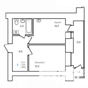 1-к квартира, строящийся дом, 37м2, 14/14 этаж