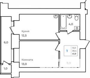 1-к квартира, строящийся дом, 42м2, 6/14 этаж