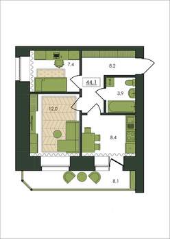 2-к квартира, строящийся дом, 44м2, 2/9 этаж