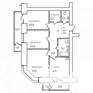 3-к квартира, строящийся дом, 72м2, 10/14 этаж