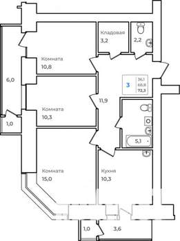 3-к квартира, строящийся дом, 72м2, 13/14 этаж