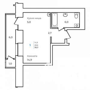 1-к квартира, строящийся дом, 31м2, 3/14 этаж