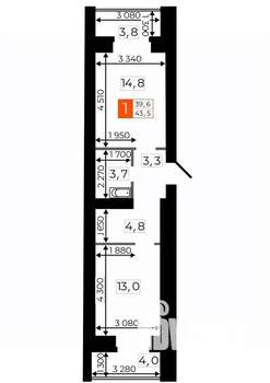 1-к квартира, строящийся дом, 43м2, 6/9 этаж