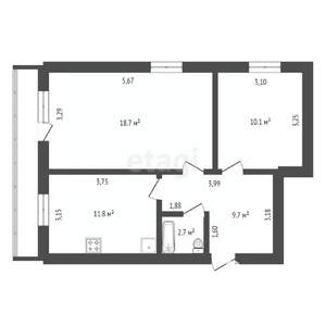 2-к квартира, вторичка, 55м2, 4/5 этаж