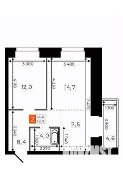 2-к квартира, строящийся дом, 49м2, 8/9 этаж
