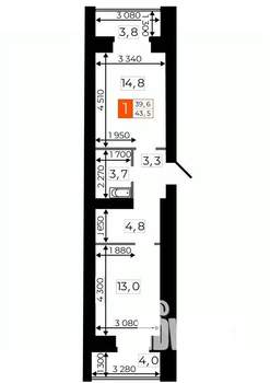 1-к квартира, строящийся дом, 44м2, 7/9 этаж
