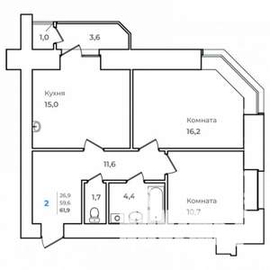 2-к квартира, строящийся дом, 62м2, 5/14 этаж