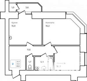 2-к квартира, строящийся дом, 62м2, 2/14 этаж