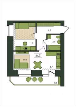 1-к квартира, строящийся дом, 45м2, 3/9 этаж