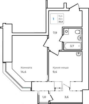 1-к квартира, строящийся дом, 37м2, 2/14 этаж