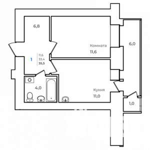 1-к квартира, строящийся дом, 36м2, 2/14 этаж