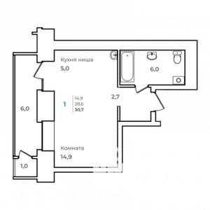 1-к квартира, строящийся дом, 31м2, 2/14 этаж
