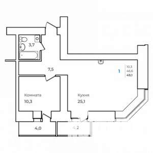 1-к квартира, строящийся дом, 49м2, 2/14 этаж