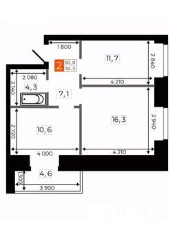 2-к квартира, строящийся дом, 52м2, 1/9 этаж