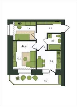 2-к квартира, строящийся дом, 44м2, 6/9 этаж