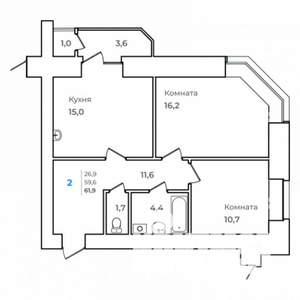 2-к квартира, строящийся дом, 62м2, 11/14 этаж