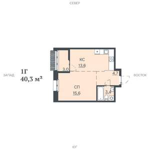 1-к квартира, строящийся дом, 40м2, 3/12 этаж
