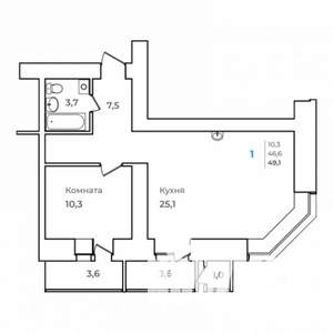 1-к квартира, строящийся дом, 49м2, 2/14 этаж