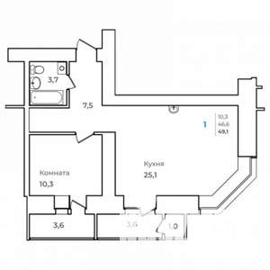 1-к квартира, строящийся дом, 49м2, 5/14 этаж