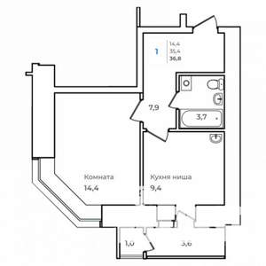 1-к квартира, строящийся дом, 37м2, 2/14 этаж