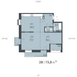 2-к квартира, строящийся дом, 76м2, 6/12 этаж