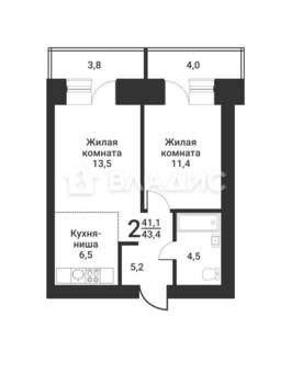 2-к квартира, вторичка, 43м2, 7/9 этаж