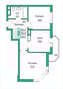 2-к квартира, вторичка, 55м2, 12/14 этаж